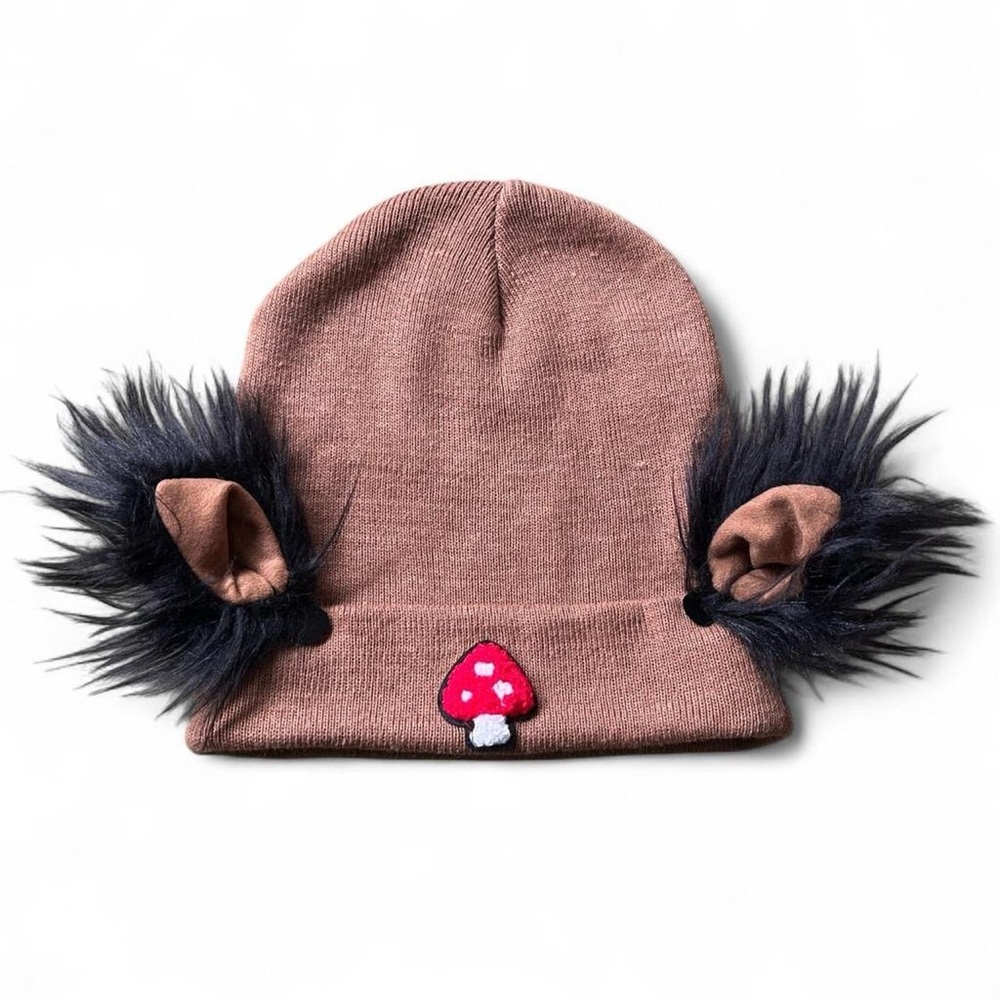 Adorable handmade brown beanie with embroidered mushroom and ears